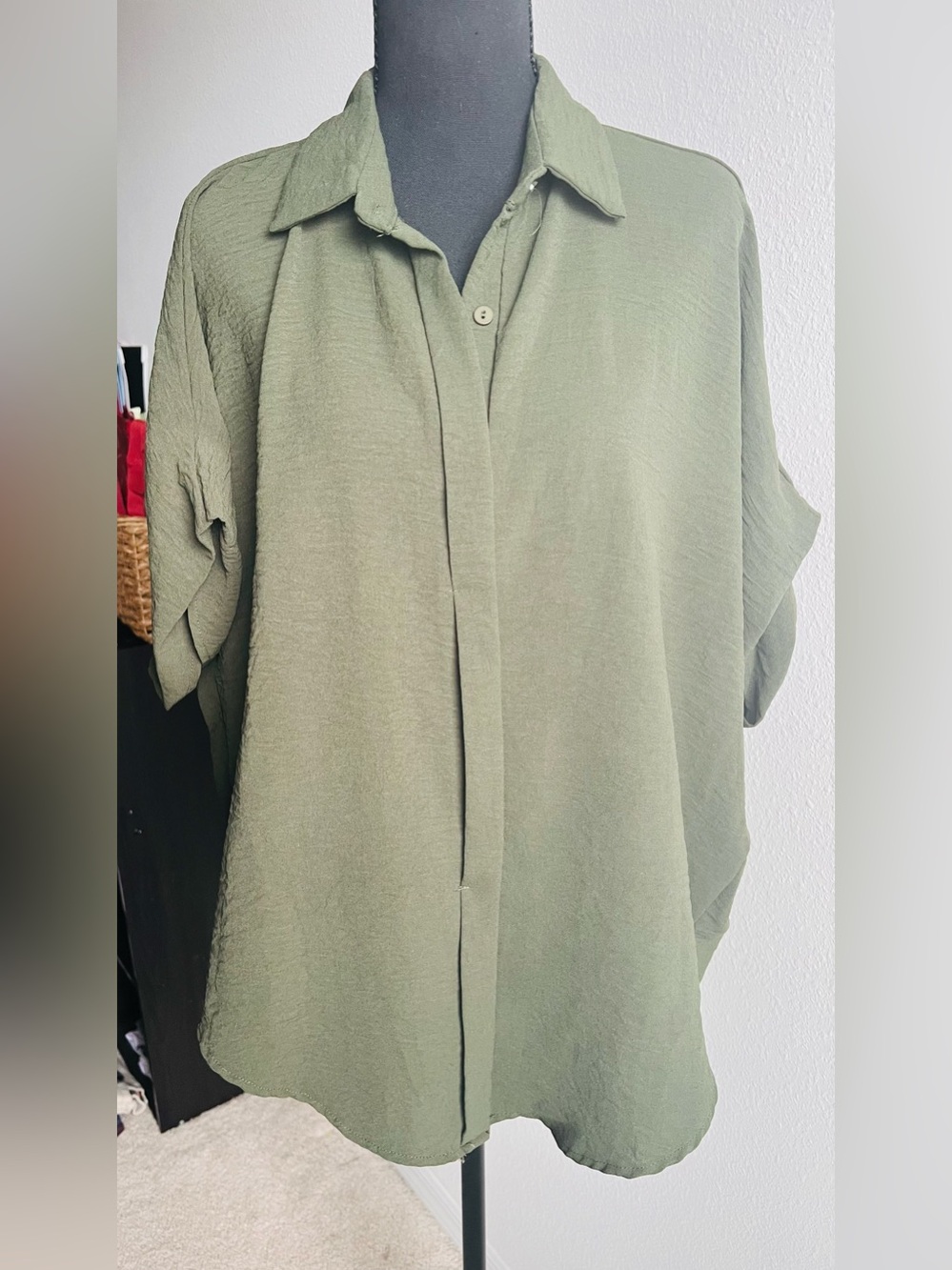 Umgee Olive Green Button-Front Blouse Oversized 3/4 Sleeves